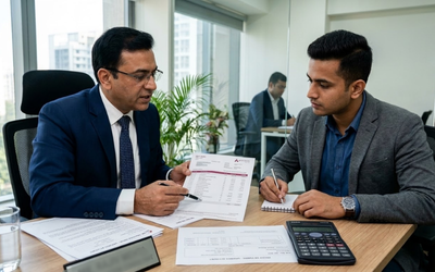 Visitor visa consultant reviewing financial documents and bank statements with client to ensure accurate financial representation, highlighting services of the best visitor visa consultant in Ahmedabad
