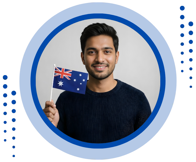 Australia immigration consultant in Ahmedabad holding Australian flag, representing expert PR, student, and work visa services by EduProfound
