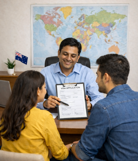 Australia immigration consultant in Ahmedabad explaining visa application process to couple, offering PR, skilled migration, student visa, work visa, visitor, and family visa services with complete documentation and EOI support