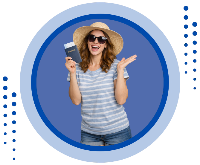 Happy female traveler holding passport and ticket, representing best visitor visa consultant in Ahmedabad offering expert visitor visa guidance by EduProfound