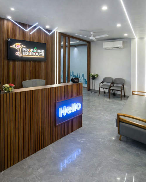 EduProfound office interior in Ahmedabad showcasing professional reception area of the best visitor visa consultant in Ahmedabad offering face-to-face meetings and personalized visitor visa consultation across Gujarat