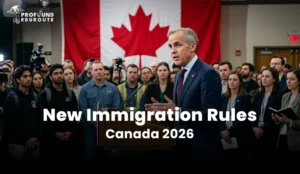 Canadian official announcing new immigration rules Canada 2026 at a press conference, highlighting Canada immigration latest news for Indian students and workers