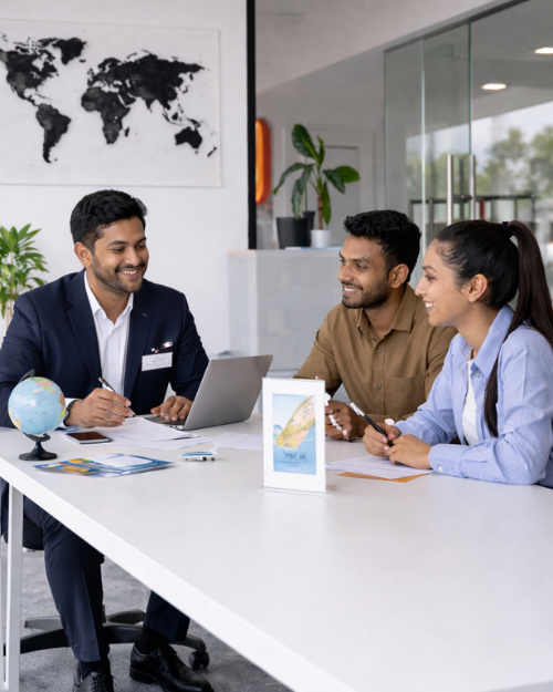 Visitor visa consultant in Ahmedabad guiding couple with documentation and travel planning, highlighting benefits of working with the best visitor visa consultant in Ahmedabad