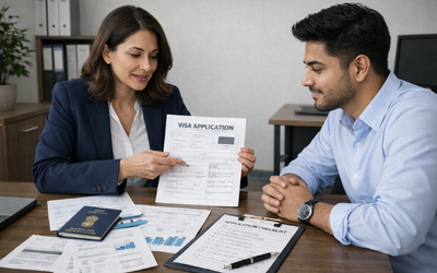 Visitor visa consultant explaining visa application form and clear travel intent presentation to client, highlighting services of the best visitor visa consultant in Ahmedabad