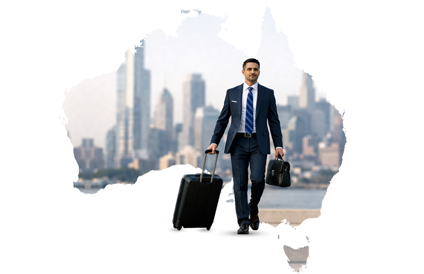 Skilled professional traveling to Australia with suitcase against city skyline, representing strong economy, high standard of living, and permanent residency opportunities for Indian immigrants with guidance from Australia immigration consultant in Ahmedabad